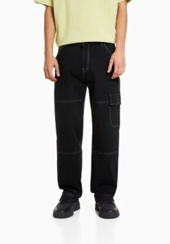 BERSHKA WIDE LEG WITH CONTRAST SEAMS - Bojówki - Black